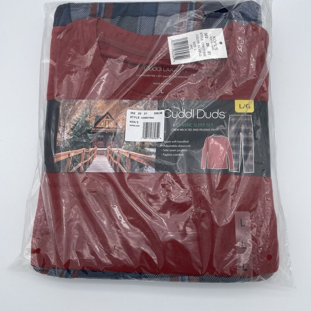Cuddl Duds Men's Cozy Lodge 2Pc. French Terry Sweatshirt & Plaid Pajama Set,  L